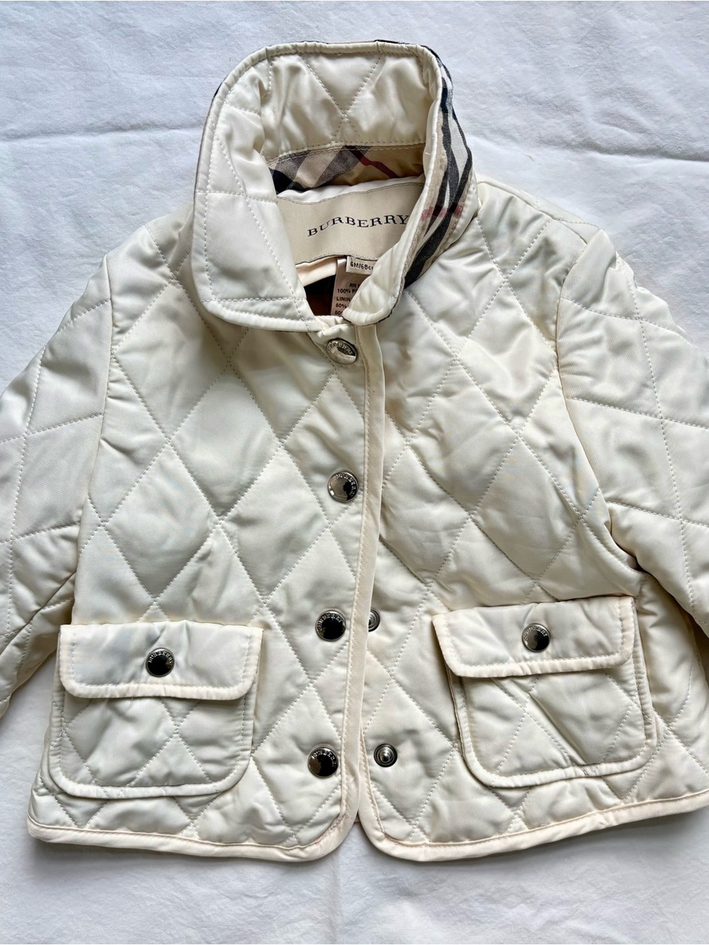 Burberry Off-White Quilted Jacket with Check Collar Trim